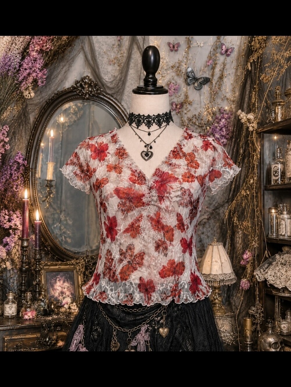 per una Red Floral Lace V-Neck Short Sleeve Whimsigoth Top